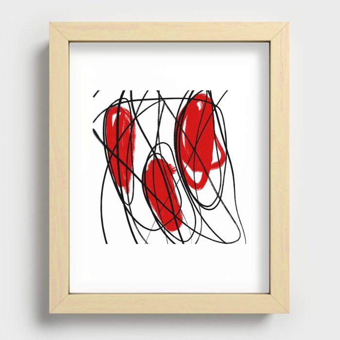 Three Circle Red, Black, and White Minimalist Abstract Linear Dot Painting Recessed Framed Print