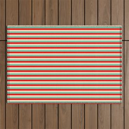 [ Thumbnail: Bisque, Aquamarine & Red Colored Striped/Lined Pattern Outdoor Rug ]