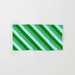 [ Thumbnail: Green, Sea Green, and Turquoise Colored Lined/Striped Pattern Hand & Bath Towel ]