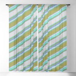[ Thumbnail: Green, Blue, Light Gray & Turquoise Colored Striped Pattern Sheer Curtain ]