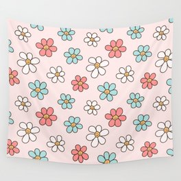 Happy Daisy Pattern, Cute and Fun Smiling Colorful Daisies Wall Tapestry