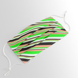 [ Thumbnail: Light Salmon, Lime, Mint Cream & Black Colored Striped/Lined Pattern Face Mask ]