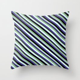 [ Thumbnail: Dark Sea Green, Light Cyan, Dark Slate Blue, and Black Colored Pattern of Stripes Throw Pillow ]