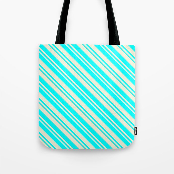 Beige & Cyan Colored Pattern of Stripes Tote Bag