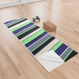 [ Thumbnail: Vibrant Slate Gray, Beige, Midnight Blue, Black, and Green Colored Stripes/Lines Pattern Yoga Towel ]