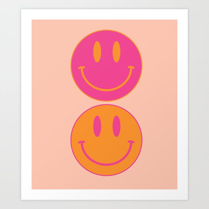 Large Pink and Orange Groovy Smiley Face Pattern - Retro Aesthetic  Art Print