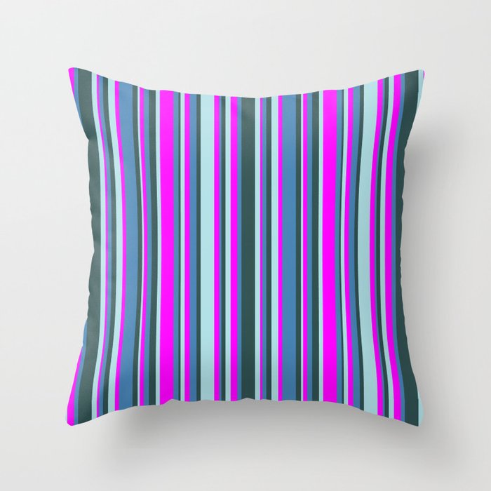 Fuchsia, Blue, Dark Slate Gray, and Powder Blue Colored Lines/Stripes Pattern Throw Pillow