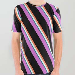 [ Thumbnail: Orchid, Black, Coral, Mint Cream, and Teal Colored Lines/Stripes Pattern All Over Graphic Tee ]