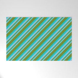 [ Thumbnail: Sky Blue, Green & Dark Turquoise Colored Striped Pattern Welcome Mat ]