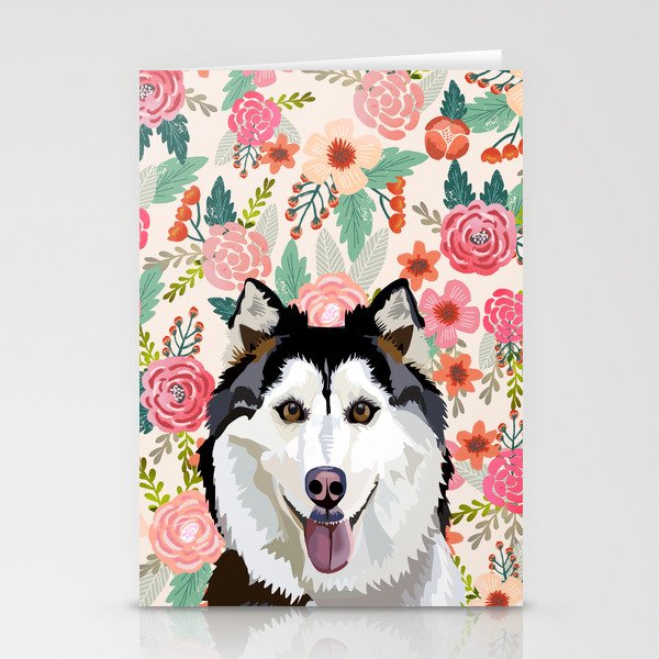 Husky floral pet portrait art print and dog gifts Stationery Cards