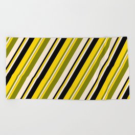 [ Thumbnail: Yellow, Green, Beige, and Black Colored Lines/Stripes Pattern Beach Towel ]