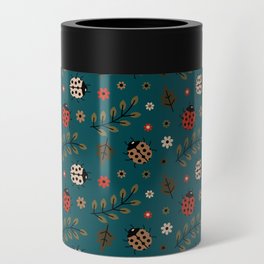 Ladybug and Floral Seamless Pattern on Teal Blue Background Can Cooler