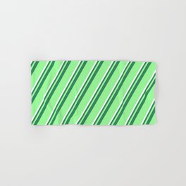 [ Thumbnail: Sea Green, Green, and White Colored Pattern of Stripes Hand & Bath Towel ]