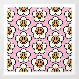 Bold And Funky Flower Smileys Pattern (Pink BG) Art Print