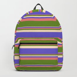 [ Thumbnail: Light Coral, Green, Bisque & Slate Blue Colored Striped/Lined Pattern Backpack ]