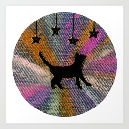 Starburst Kitty - Black Cat with Gold Stars and Rainbow Embroidery Art Print