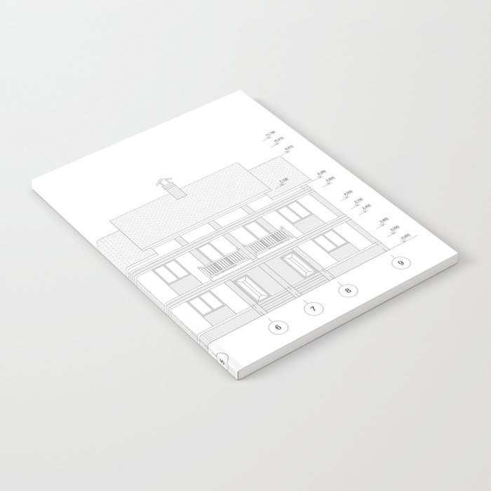 Townhouse building detailed architectural technical drawing, vector blueprint Notebook