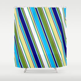 [ Thumbnail: Eyecatching Green, Deep Sky Blue, White, Blue, and Tan Colored Stripes/Lines Pattern Shower Curtain ]