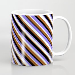 [ Thumbnail: Medium Slate Blue, Mint Cream, Brown & Black Colored Lined Pattern Coffee Mug ]