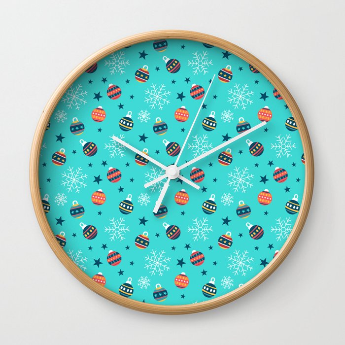 Christmas Pattern Turquoise Ornaments Wall Clock