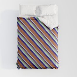[ Thumbnail: Aquamarine, Light Gray, Blue, and Sienna Colored Striped/Lined Pattern Comforter ]