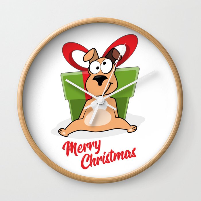 Vector Cartoon Portrait Of Funny Smiling Dog In Santa Hat With Big Gift Box And Hearts Isolated On W Wall Clock By Milatoo Society6
