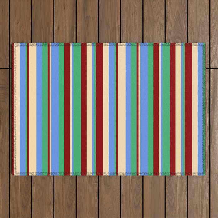 Beige, Cornflower Blue, Sea Green, and Dark Red Colored Lines/Stripes Pattern Outdoor Rug