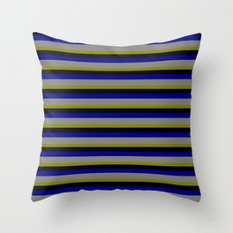 [ Thumbnail: Green, Black, Blue & Gray Colored Lined Pattern Throw Pillow ]