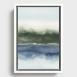 Forest Reflection II - Olive Green Forest Trees Navy Blue River Reflection Art Watercolor  Framed Canvas