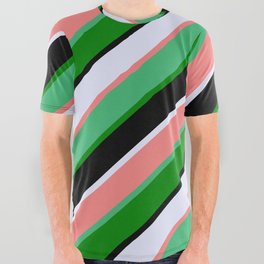 [ Thumbnail: Vibrant Lavender, Light Coral, Sea Green, Green & Black Colored Stripes/Lines Pattern All Over Graphic Tee ]