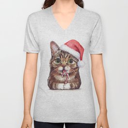 Cat in Santa Hat with Candy Cane Funny Christmas Animal V Neck T Shirt