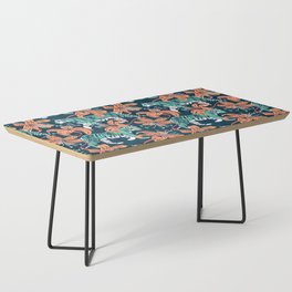 Tigers in a tiger lily garden // textured navy blue background spearmint green wild animals papaya orange flowers Coffee Table