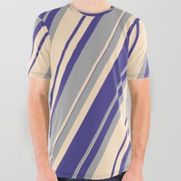 [ Thumbnail: Dark Slate Blue, Dark Grey, and Bisque Colored Pattern of Stripes All Over Graphic Tee ]