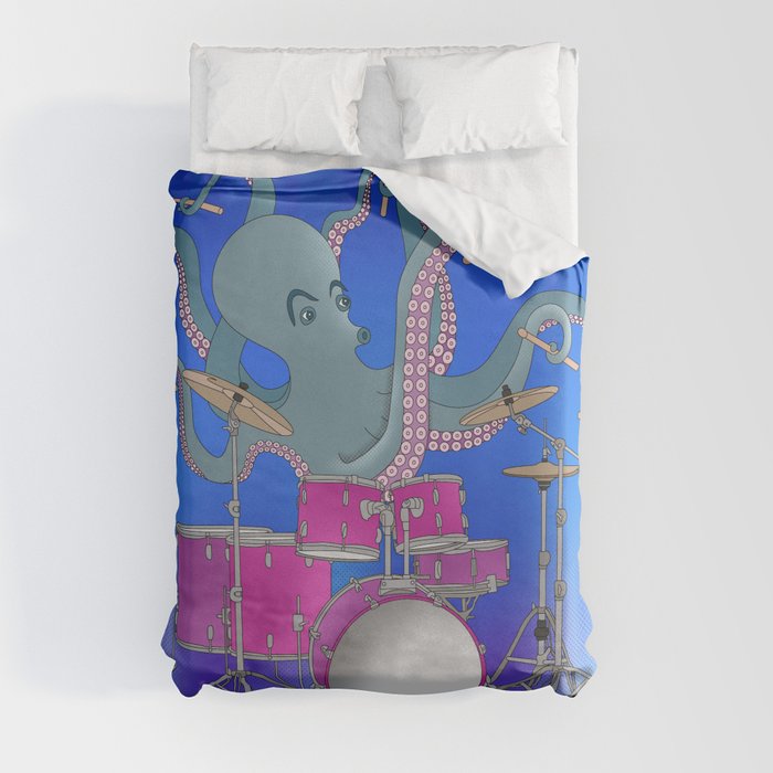 Octopus Playing Drums - Blue Duvet Cover