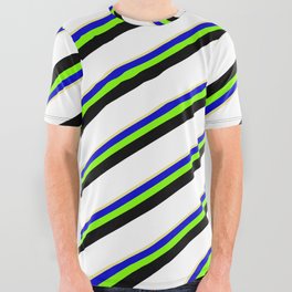 [ Thumbnail: Eyecatching Tan, Blue, Chartreuse, Black & White Colored Lines/Stripes Pattern All Over Graphic Tee ]