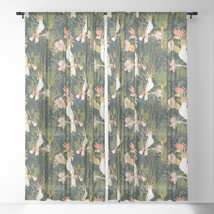Drawing of exotic birds in the dark jungle Sheer Curtain