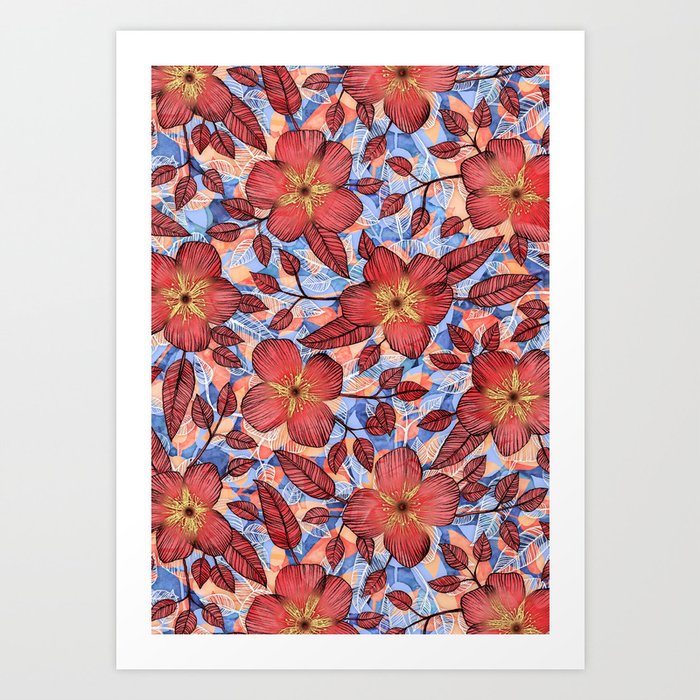 Coral Summer - a hand drawn floral pattern Art Print