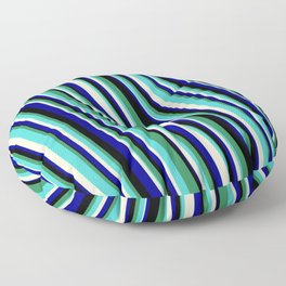 [ Thumbnail: Eyecatching Sea Green, Turquoise, Light Yellow, Dark Blue, and Black Colored Stripes/Lines Pattern Floor Pillow ]