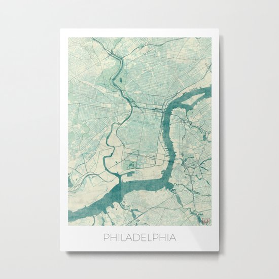 Philadelphia Map Blue Vintage Metal Print
