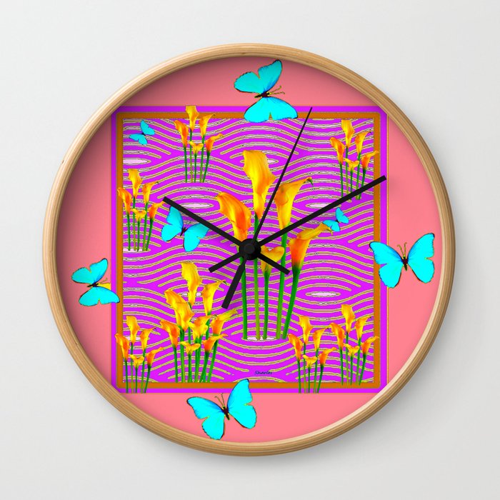Pink Coral-Purple Blue Butterfly Lily Art Wall Clock