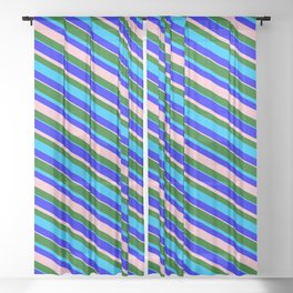 [ Thumbnail: Dark Green, Deep Sky Blue, Blue & Pink Colored Stripes/Lines Pattern Sheer Curtain ]