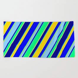 [ Thumbnail: Eyecatching Blue, Green, Yellow, Light Sky Blue & Dark Blue Colored Lines/Stripes Pattern Beach Towel ]