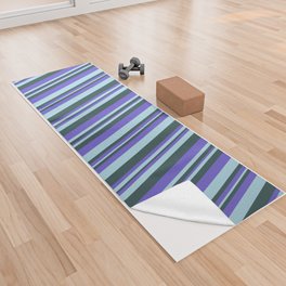 [ Thumbnail: Slate Blue, Dark Slate Gray, and Light Blue Colored Pattern of Stripes Yoga Towel ]