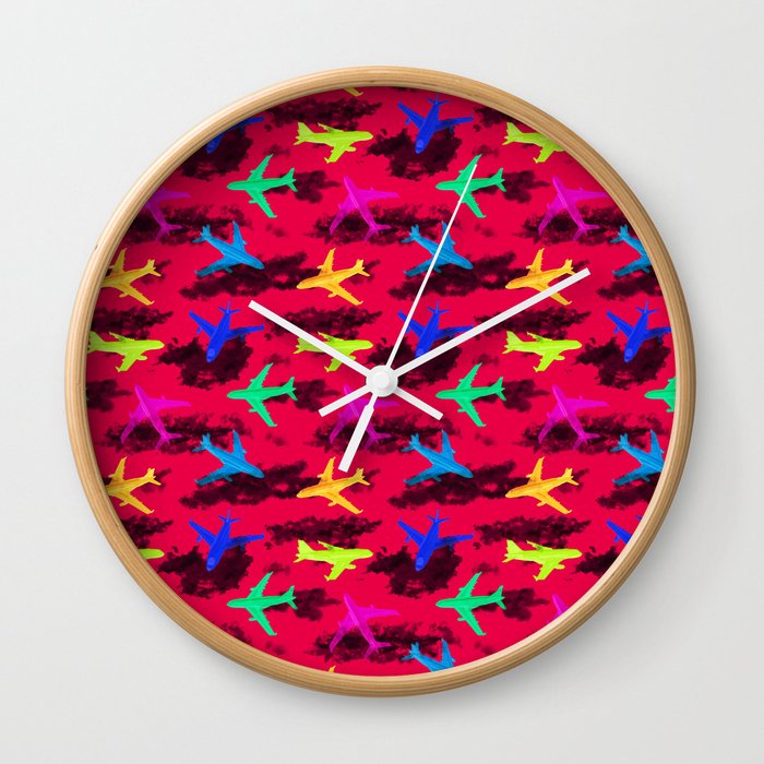 seamless pattern with multicolor airplane silhouettes Wall Clock