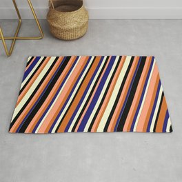 [ Thumbnail: Vibrant Light Salmon, Chocolate, Midnight Blue, Light Yellow, and Black Colored Stripes Pattern Rug ]