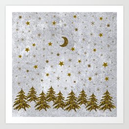 Sparkly Christmas tree, stars, moons on abstract paper Art Print