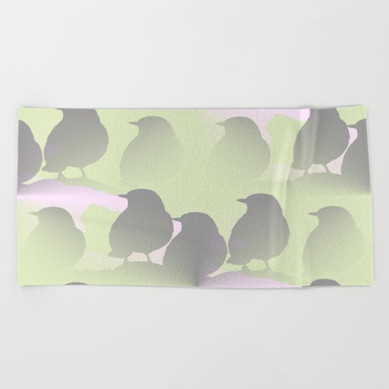 Spring mood - singing birds on a green pink background Beach Towel