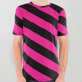 [ Thumbnail: Black and Deep Pink Colored Lines/Stripes Pattern All Over Graphic Tee ]