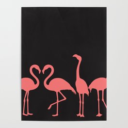 Pink Flamingo Silhouettes on Black Poster