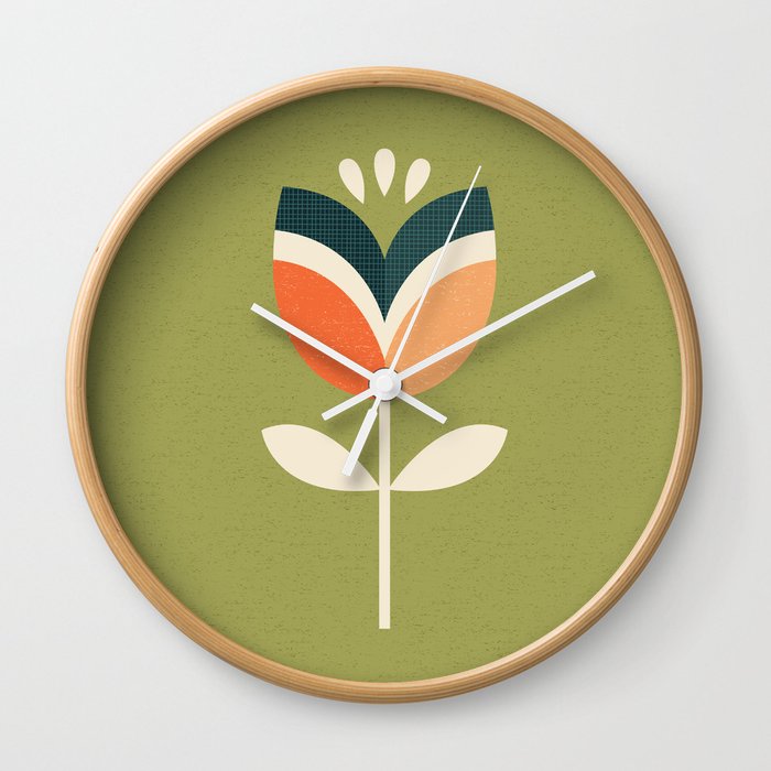 Retro Tulip Orange And Olive Green Wall Clock By Daisybeatrice Retro Tulip Orange And Olive Green Wall Clock By Daisybeatrice
